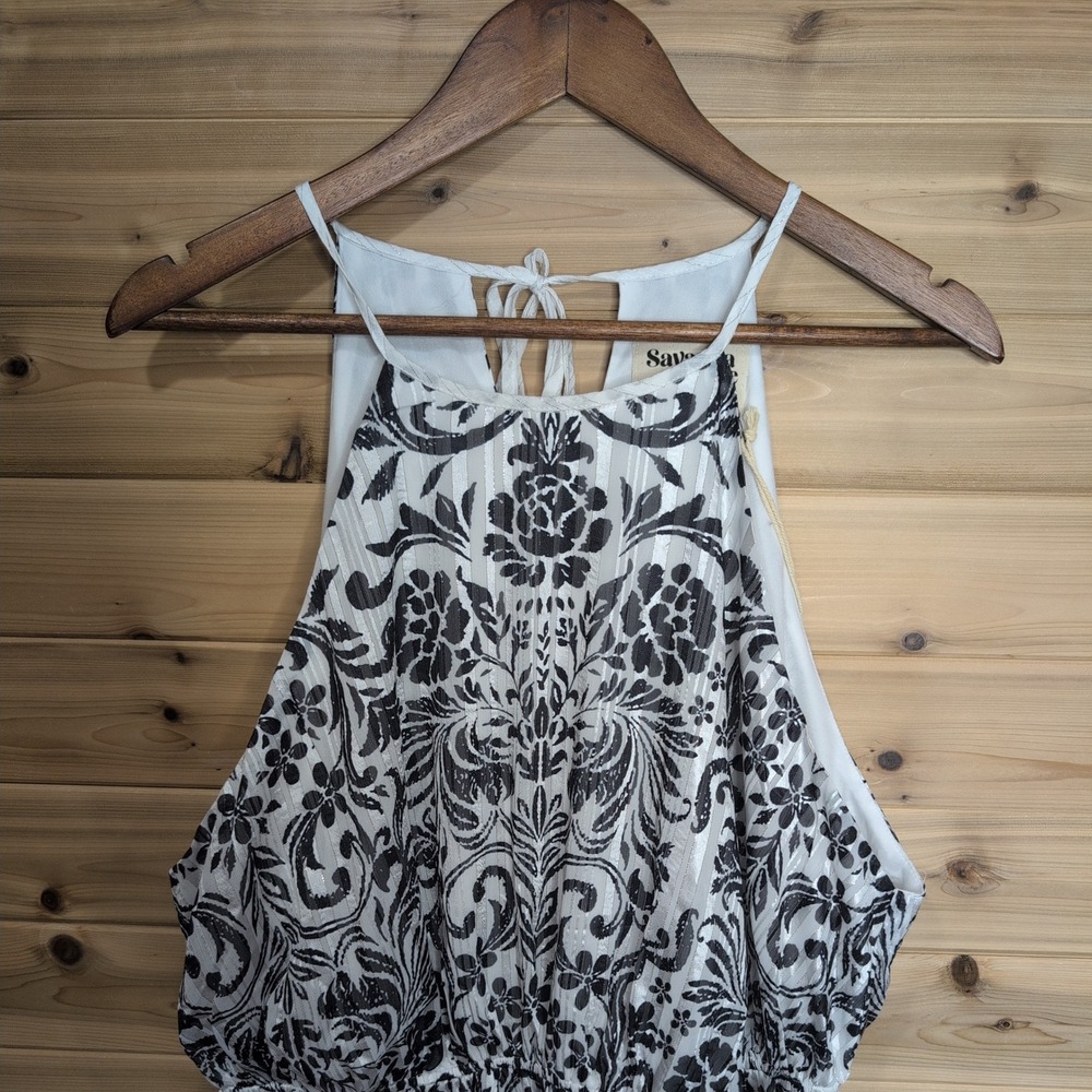 Savanna Jane Womens 1X Black White Floral Damask Metallic Halter Top New - Picture 3 of 10